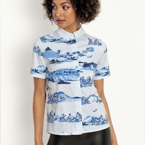 NWT BlackMilk Ukiyo-E Vase Baby BBQ Shirt Womens Short Sleeve Button Blue Size S